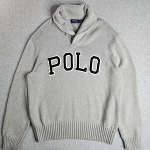 Polo Ralph Lauren Sweater Mens XL Gray POLO Logo Shawl Collar Cotton Pullover